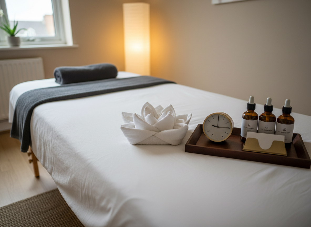 A close-up, photographic view of a massage bed prepared for a Thai massage session in a private Portsmouth apartment. The bed is covered in fresh white sheets with a neatly folded dark grey towel at the head and a small lotus-shaped arrangement of towels at the center. Beside it, a low wooden tray holds discreetly labeled amber glass bottles of massage oil, a small clock, and a business card holder shown as a blank, elegant metal stand to suggest contact details. Warm lamplight and soft natural window light combine to create a serene, professional atmosphere. Captured from a slightly elevated angle with shallow depth of field, the foreground crisp and the background subtly blurred for an intimate, calming feel.