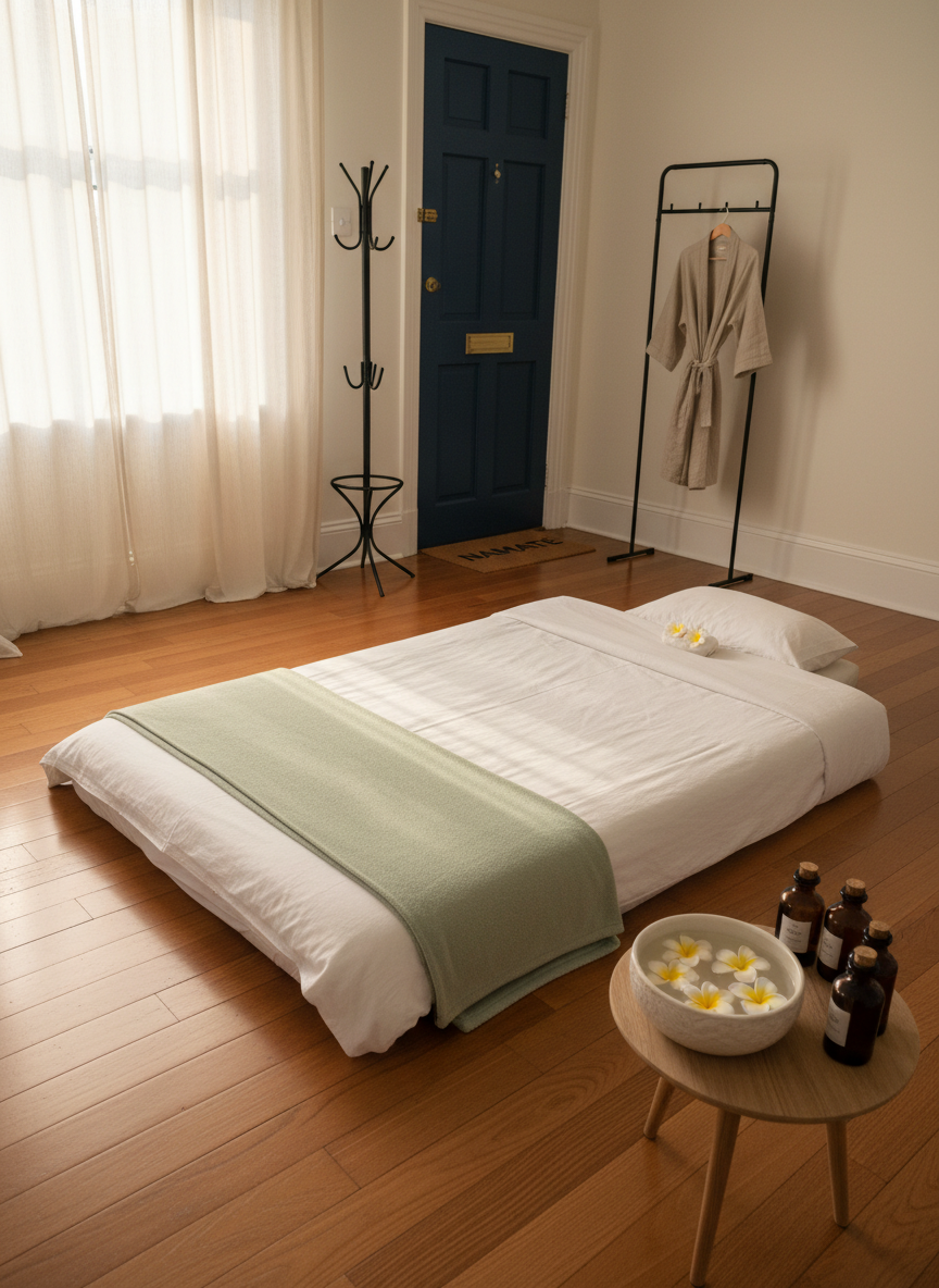 A wide, photographic view of a calm living-room-turned-massage-studio in a Portsmouth apartment, styled for Thai massage. A futon-style massage mattress sits on the floor, dressed in clean white linens with a soft sage throw. Nearby, a low side table holds a ceramic bowl with floating flowers, a small digital clock, and tidy amber glass bottles, subtly indicating massage services. In the background, a closed front door with a minimal coat rack and a simple doormat suggests a private, appointment-only entrance. Late afternoon natural light streams in from a large window, softened by sheer curtains, creating tranquil highlights and long, gentle shadows. Shot from a slightly elevated corner angle with balanced composition, the atmosphere feels discreet, trustworthy, and welcoming.