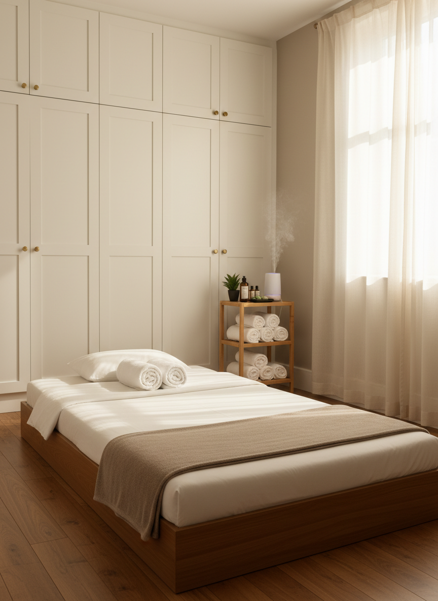 A neatly arranged Thai massage treatment room in a private Portsmouth apartment, shown in photographic realism. A low, wide massage bed with crisp white linens and a soft taupe blanket sits centered on warm wooden flooring. Discreet storage cabinets and a small bamboo shelf hold neatly folded towels, natural massage oils, and a simple ceramic diffuser releasing a gentle mist. Soft afternoon light filters through sheer curtains, creating a calm glow and delicate shadows on the walls. The mood is professional, spotless, and inviting, suggesting appointment-only privacy. Shot at eye level with balanced composition and moderate depth of field so the entire room appears sharp, conveying trustworthiness and comfort without any people present.