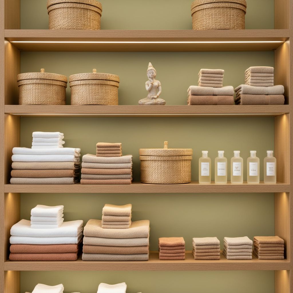 A serene, photographic scene showing a neatly organized shelving unit in a private Thai massage apartment in Portsmouth. Smooth wooden shelves hold stacks of immaculately folded white and earth-toned towels, woven baskets with lids for client belongings, and a row of uniform frosted glass bottles hinting at various Thai massage oils and balms. A subtle ceramic figurine inspired by Thai culture adds character without being ornate. Soft warm ceiling lighting casts gentle, diffuse highlights on the towels, suggesting cleanliness and care. The background wall is a muted, soothing color, slightly out of focus. Captured straight-on with sharp focus throughout, the composition communicates professionalism, discretion, and readiness for appointment-only clients, without showing any people.